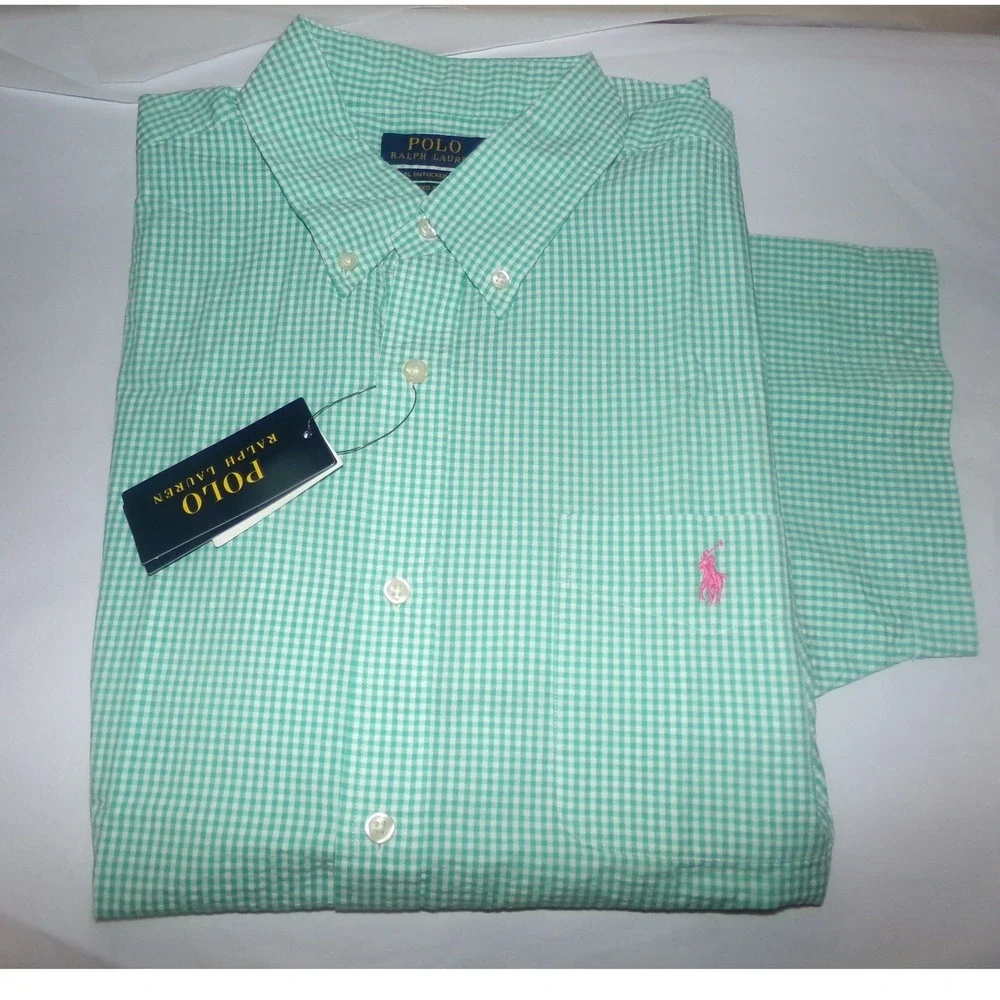 Polo Ralph Lauren Mens SZ LRG Gingham S/S Button Up Shirt Green Pink Pony